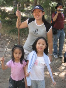 Sharn after our two hikes for the morning with two of the cute kids who out-hiked her